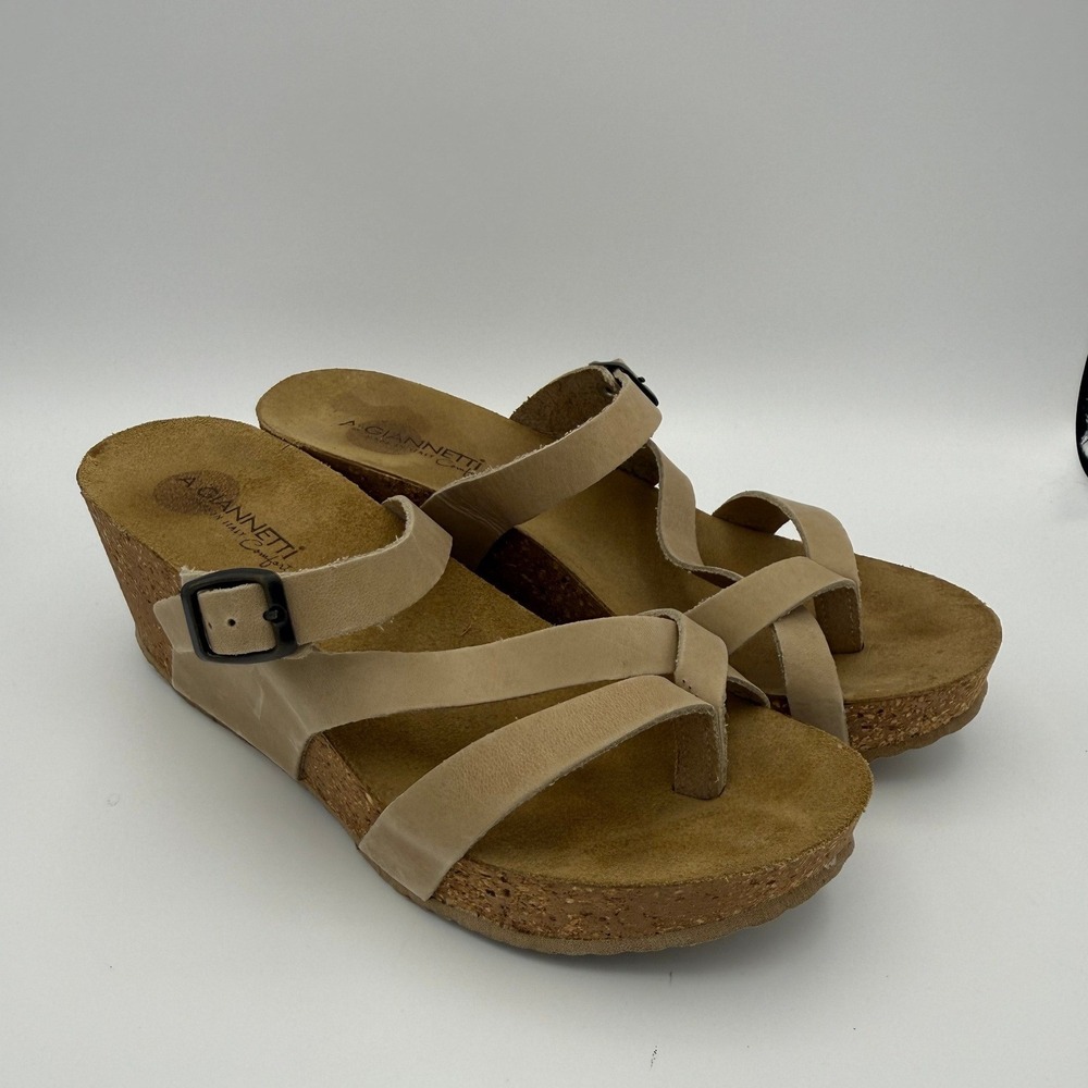 A Giannetti Modern Italy Comfort Tan Leather Cork Wedge Sandals Womens 7 7.5